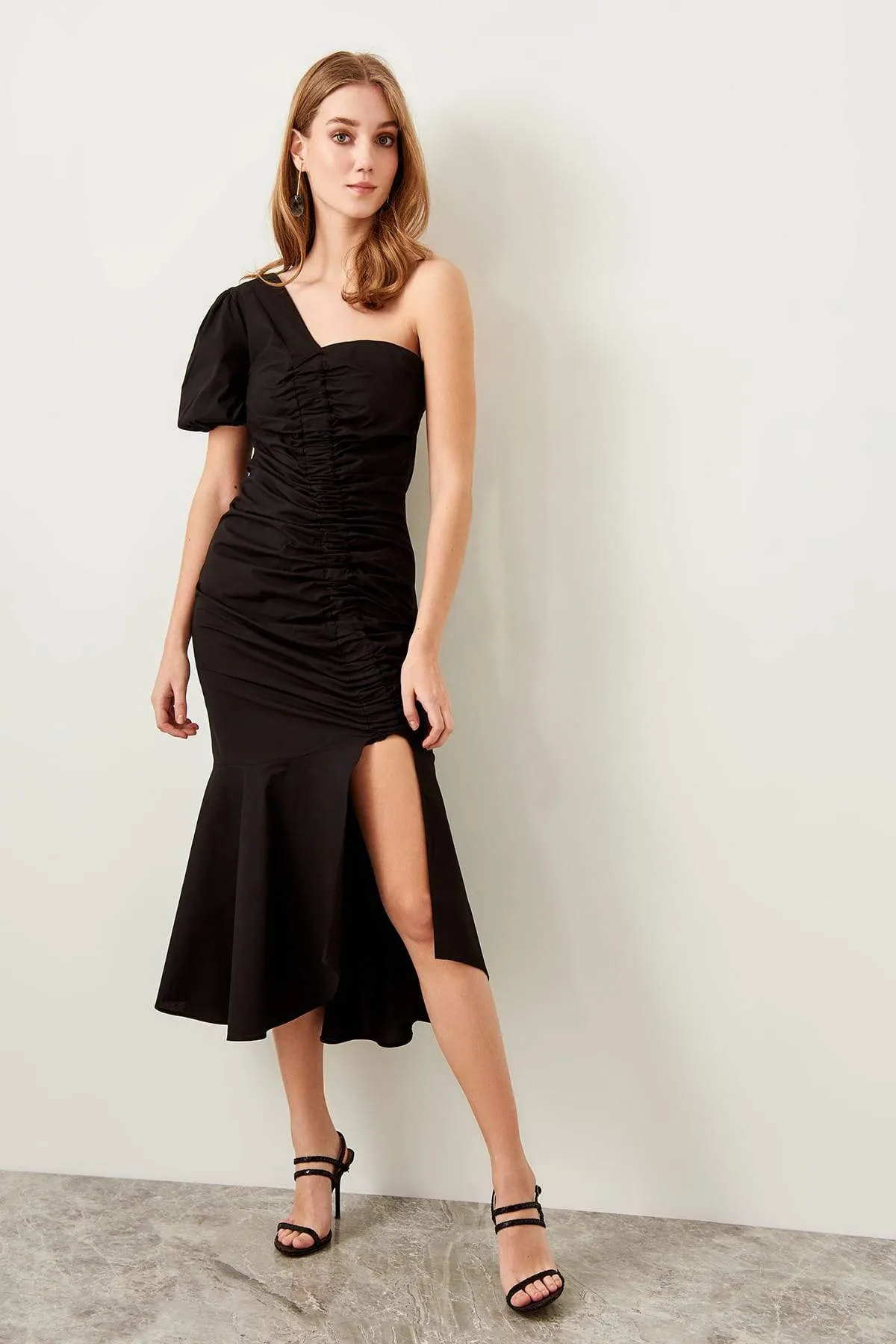 10883 Black One Sleeve Draped Slit Dress