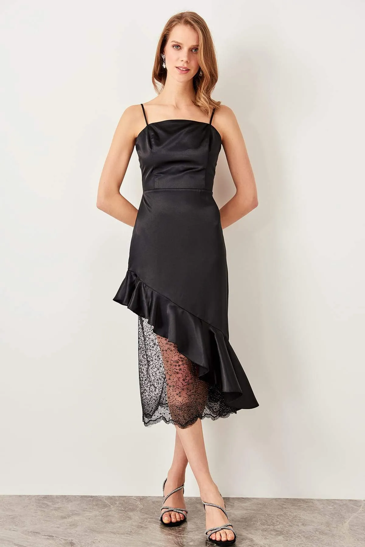 10893 Black Ruffle Lace Satin Strap Dress