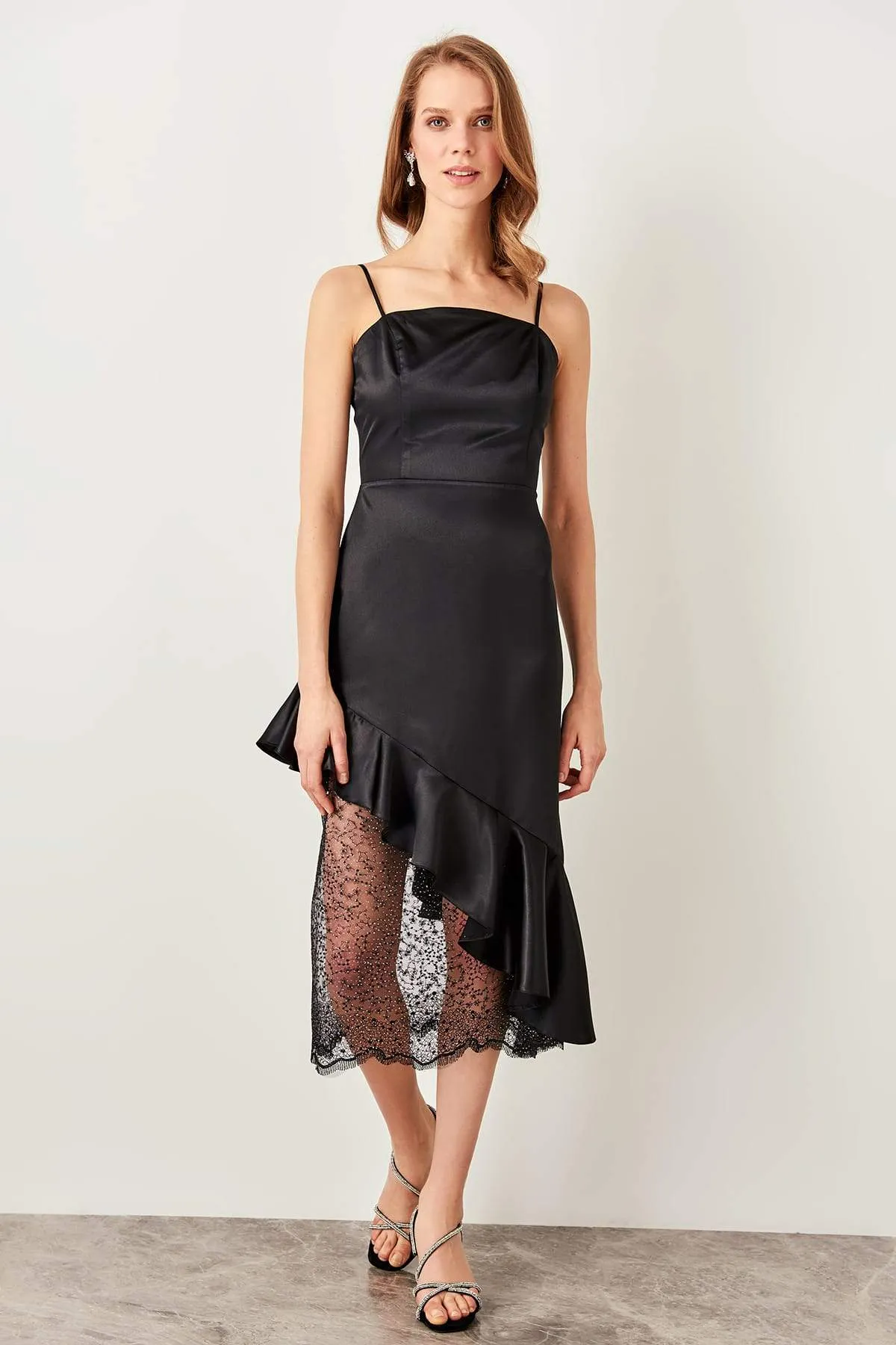 10893 Black Ruffle Lace Satin Strap Dress