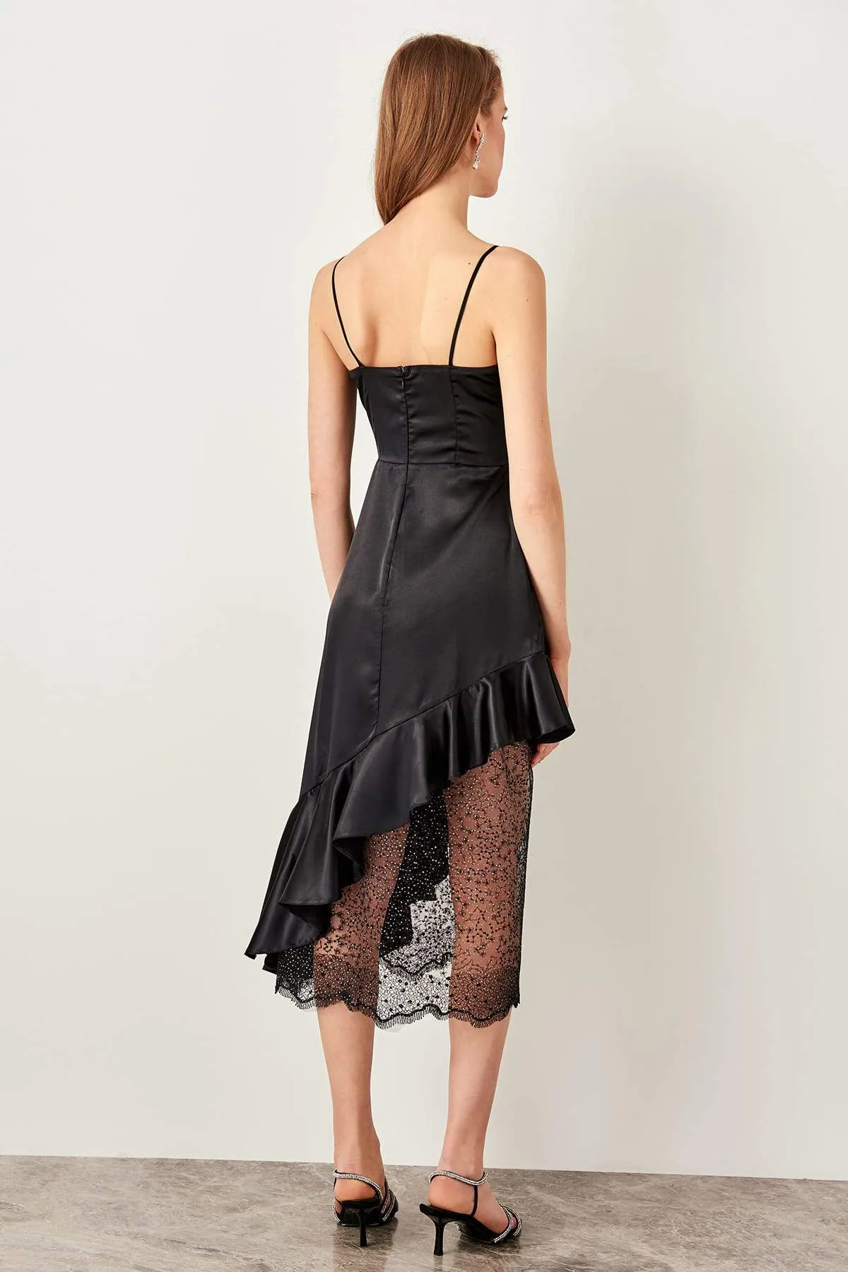 10893 Black Ruffle Lace Satin Strap Dress