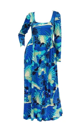 1970s Victor Costa Funky Blue Floral Knit Maxi Dress