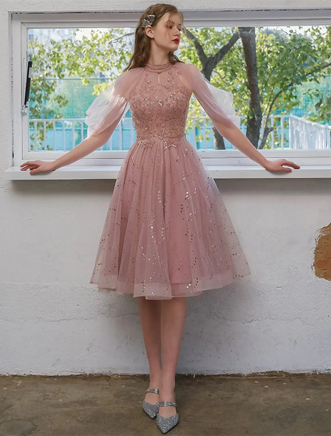 A-Line Cocktail Dresses Party Dress Engagement Knee Length 34 Length Sleeve Jewel Neck Tulle with Sequin Appliques