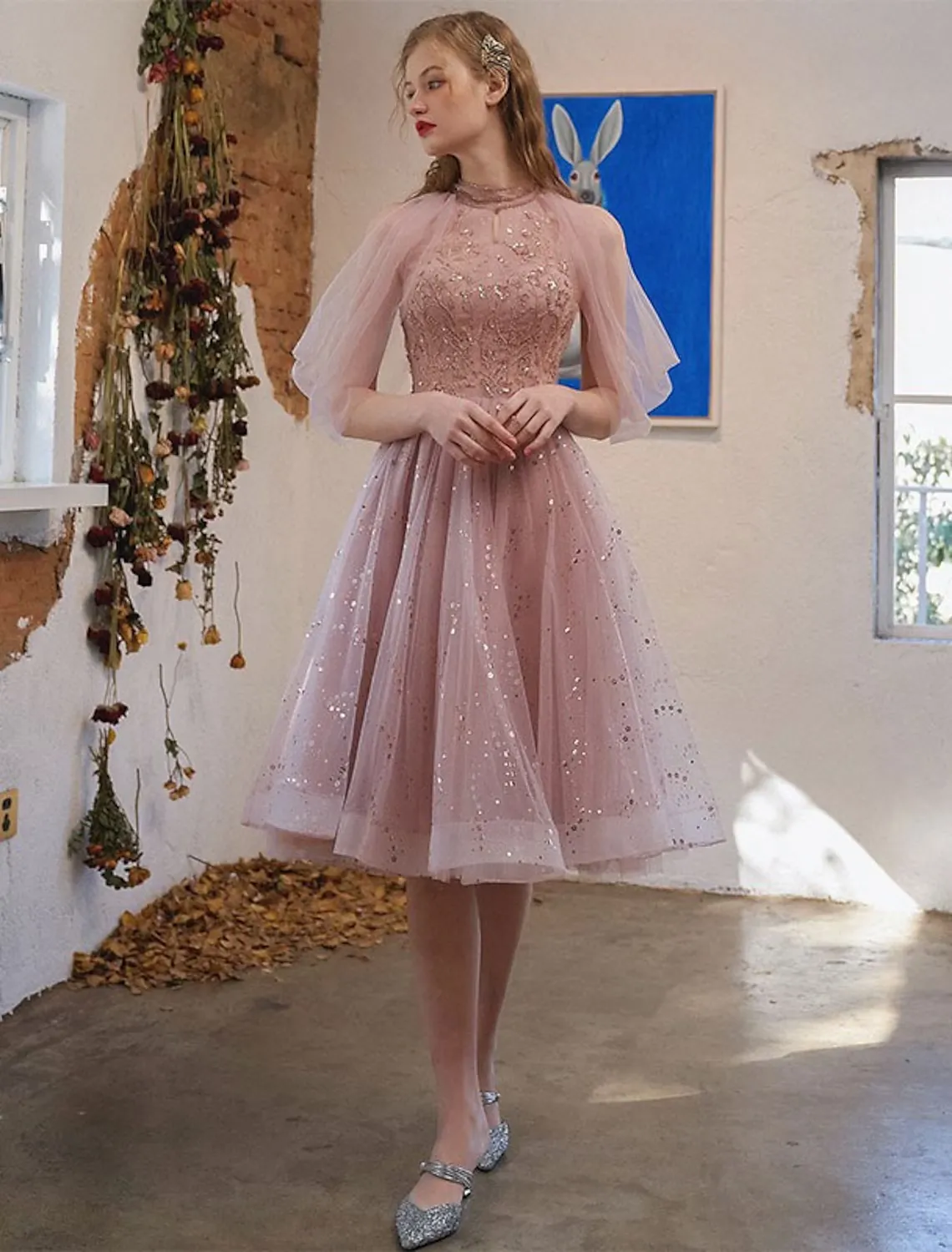 A-Line Cocktail Dresses Party Dress Engagement Knee Length 34 Length Sleeve Jewel Neck Tulle with Sequin Appliques