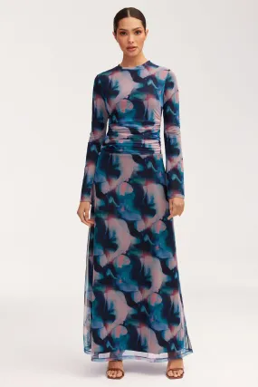 Adelina Rouched Mesh Maxi Dress - Blue Tie Dye