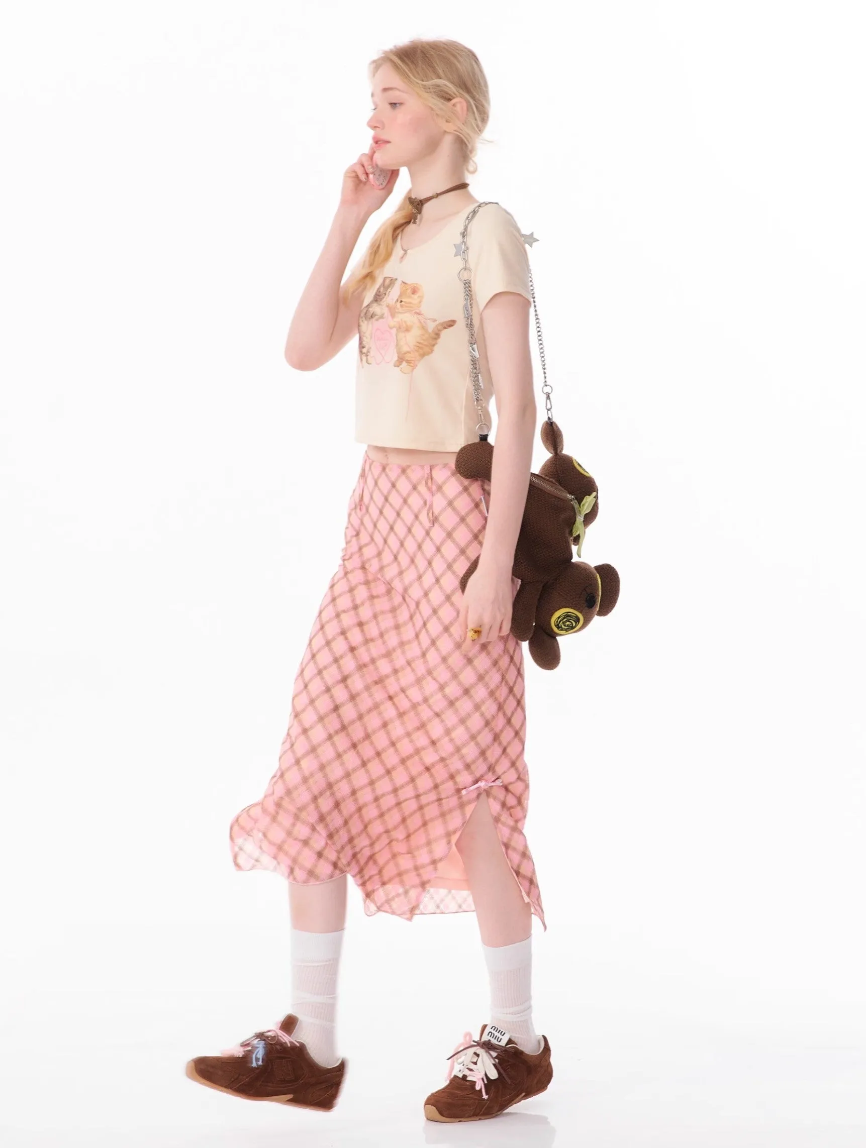 American Retro High Waist Pink And Brown Plaid Fishtail Mid-length Skirt ZIZ0106