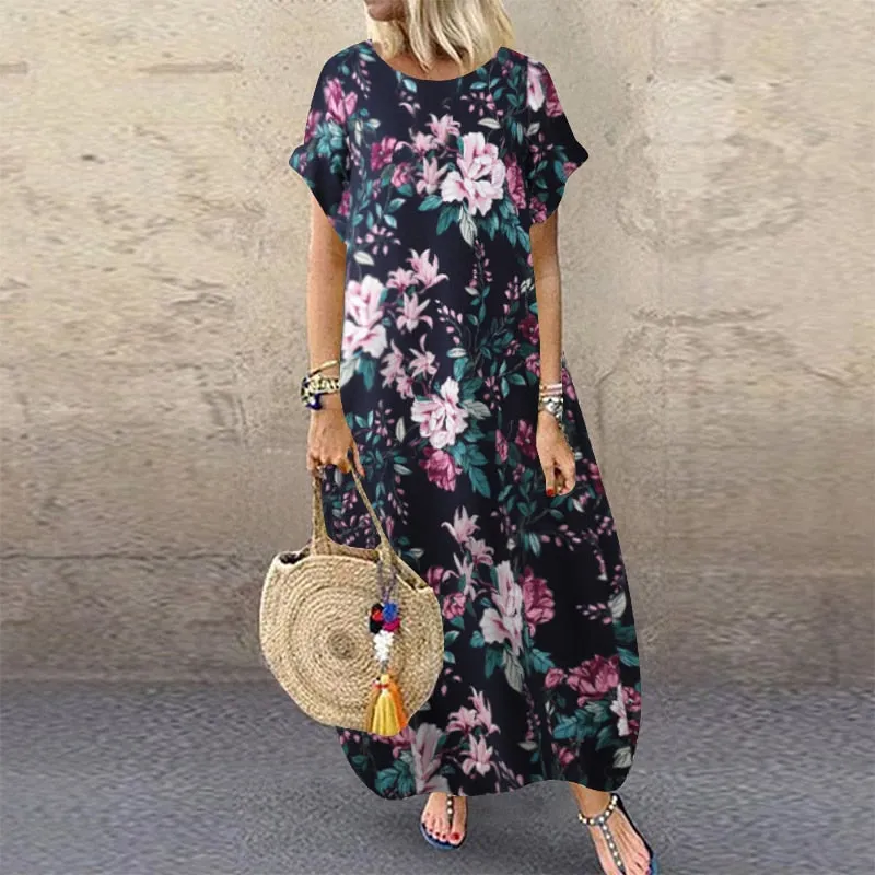 Amy Fashion - Casual Vintage Short Sleeve Floral Printed Vestido Female Robe