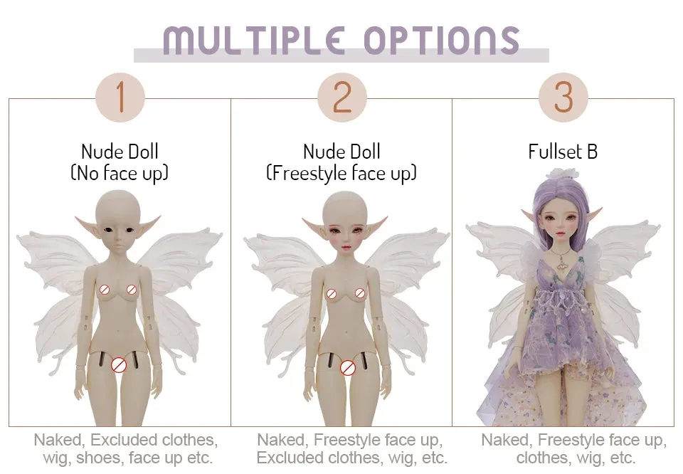 BJD Doll 1/4  Heardind | Flashing Wing Fishtail Skirt, Detachable Magnetic Fairy Ears, Handmade Artist Ball-Jointed Doll