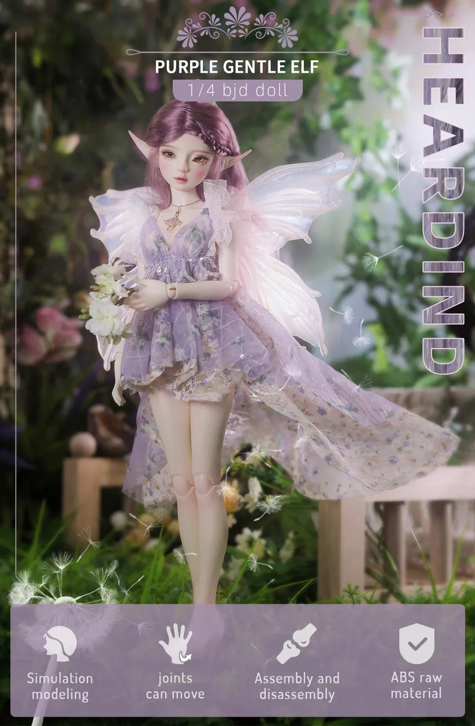 BJD Doll 1/4  Heardind | Flashing Wing Fishtail Skirt, Detachable Magnetic Fairy Ears, Handmade Artist Ball-Jointed Doll