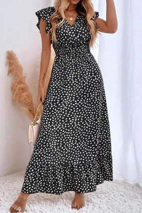 Black Dotted V Neck Waist Ruffle Sleeve Maxi Dresses