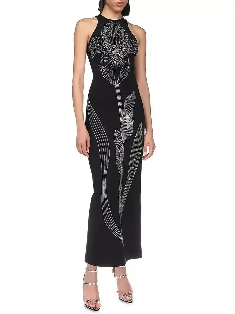 Black Sleeveless Maxi Bandage Dress with Diamond Flower Detail - Elegant Choice for Celebrity Parties & Events