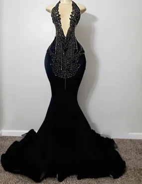 Black Tassels Crystal Halter Prom Dresses 2024 For Black Girls Silver Beaded Mermaid Wedding Evening Dress Luxious Formal