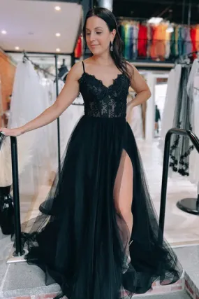 Black V Neck Lace Tulle Long Prom Dresses with Slit,DP1401