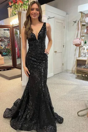 Black V Neck Sequins Backless Mermaid Long Prom Dress,DP1347