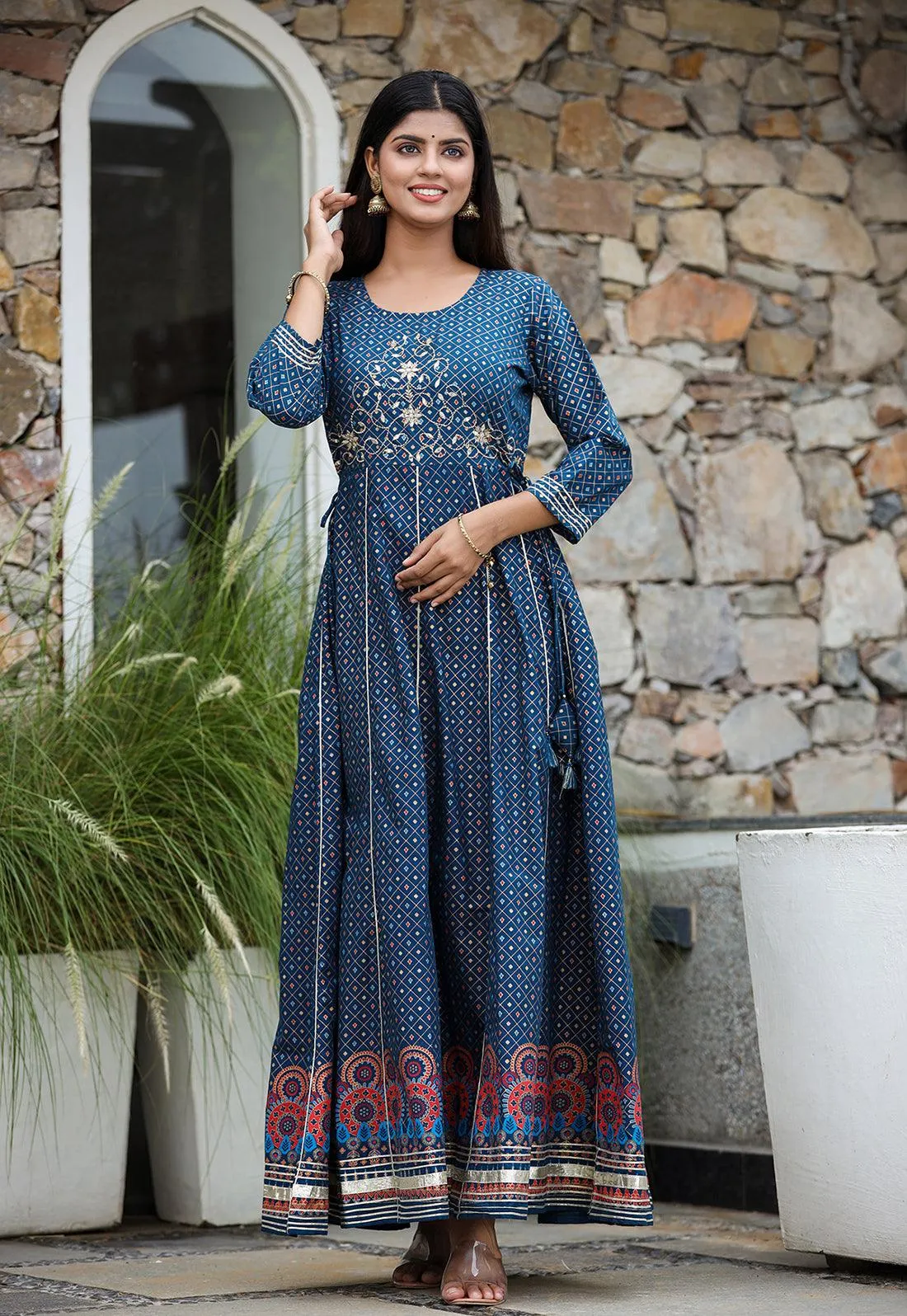 Blue Gold Printed Cotton Ethnic Dress