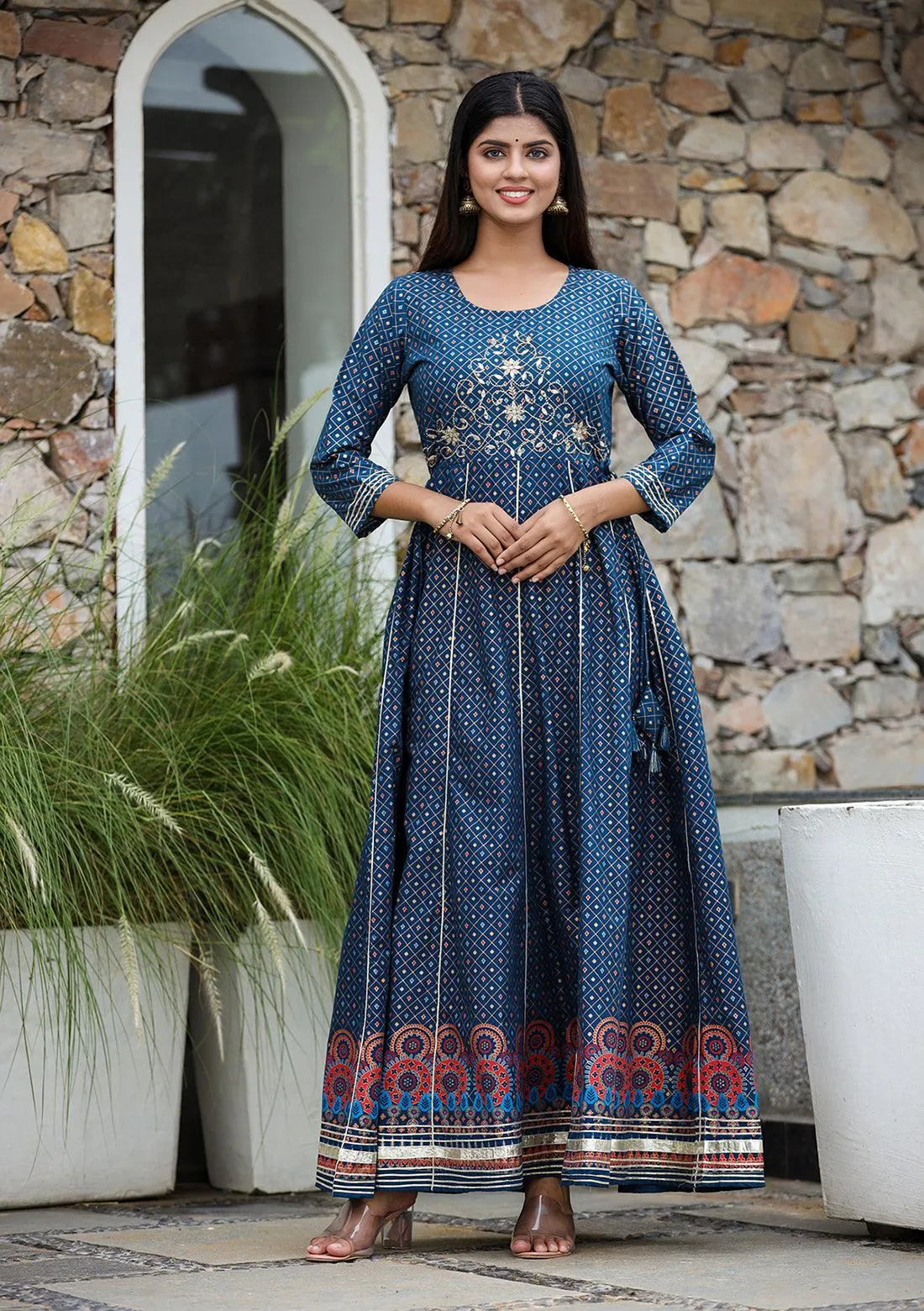 Blue Gold Printed Cotton Ethnic Dress