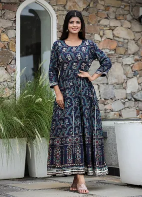 Blue Gold Printed Embroidered Cotton Ethnic Dress