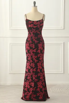 Burgundy Sheath Floral Burnout Velvet Long Prom Dress Formal Party Dress,DP1627