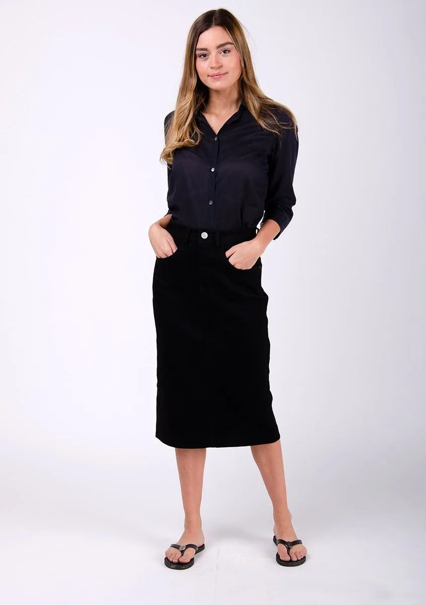 CYNTHIA Black Denim Midi Skirt