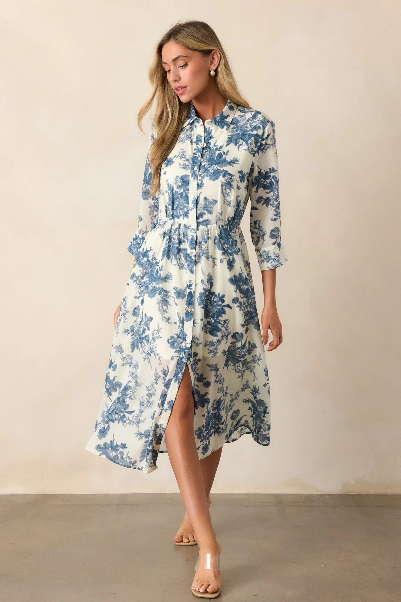 Dancing Dewdrops 100% Cotton Blue Floral Midi Dress