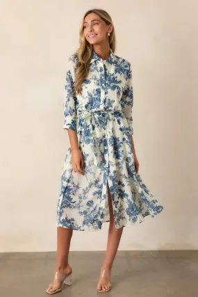 Dancing Dewdrops 100% Cotton Blue Floral Midi Dress