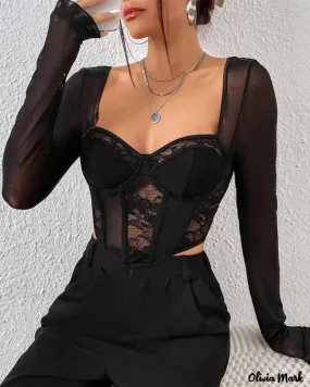 Deanwangkt - Long Sleeve Sheer Lace Corset Crop Top