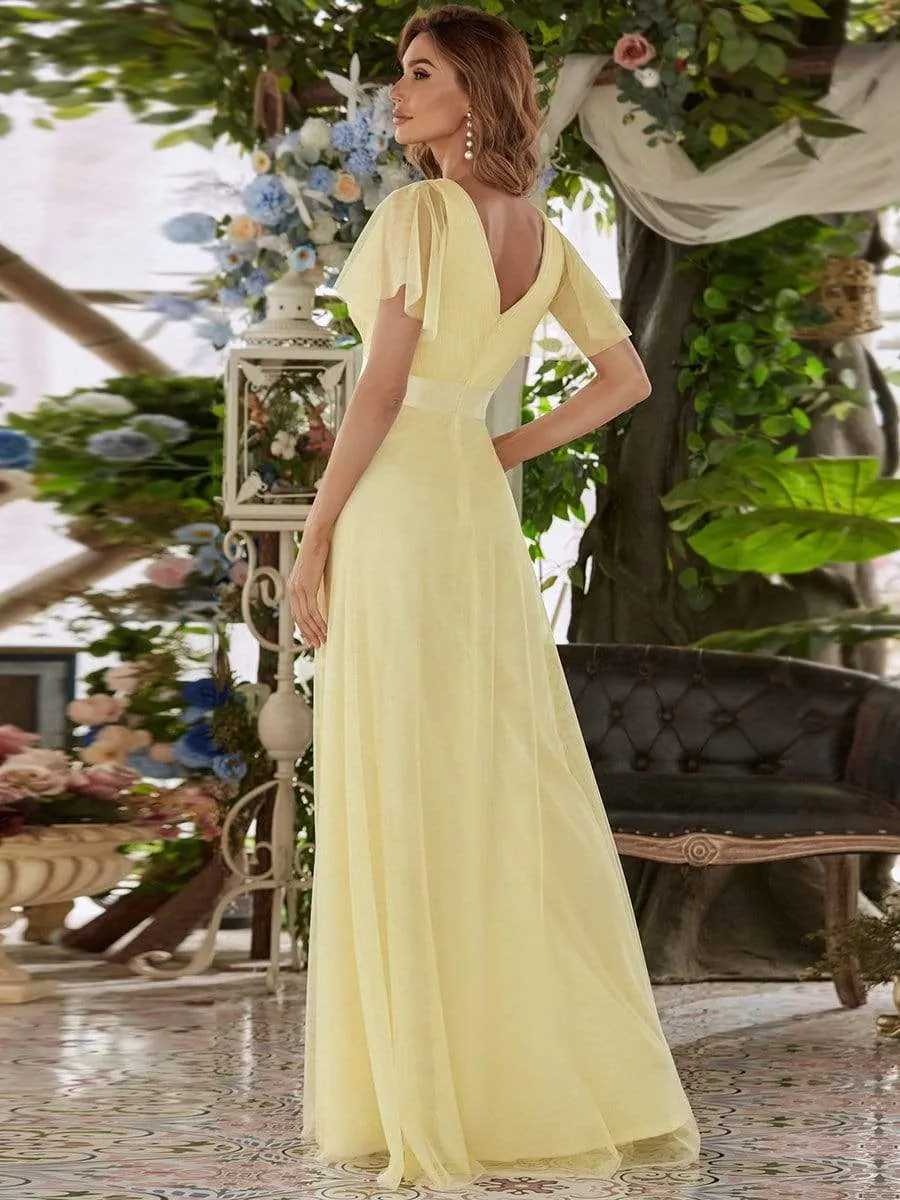 Double V-Neck Floor-Length Short Sleeve Tulle Bridesmaid Dresses