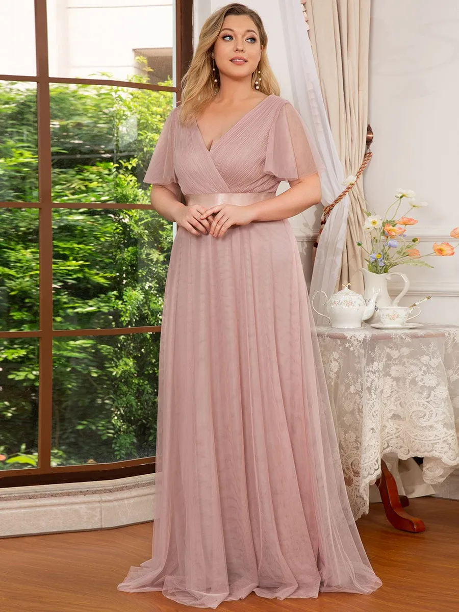 Double V-Neck Floor-Length Short Sleeve Tulle Bridesmaid Dresses