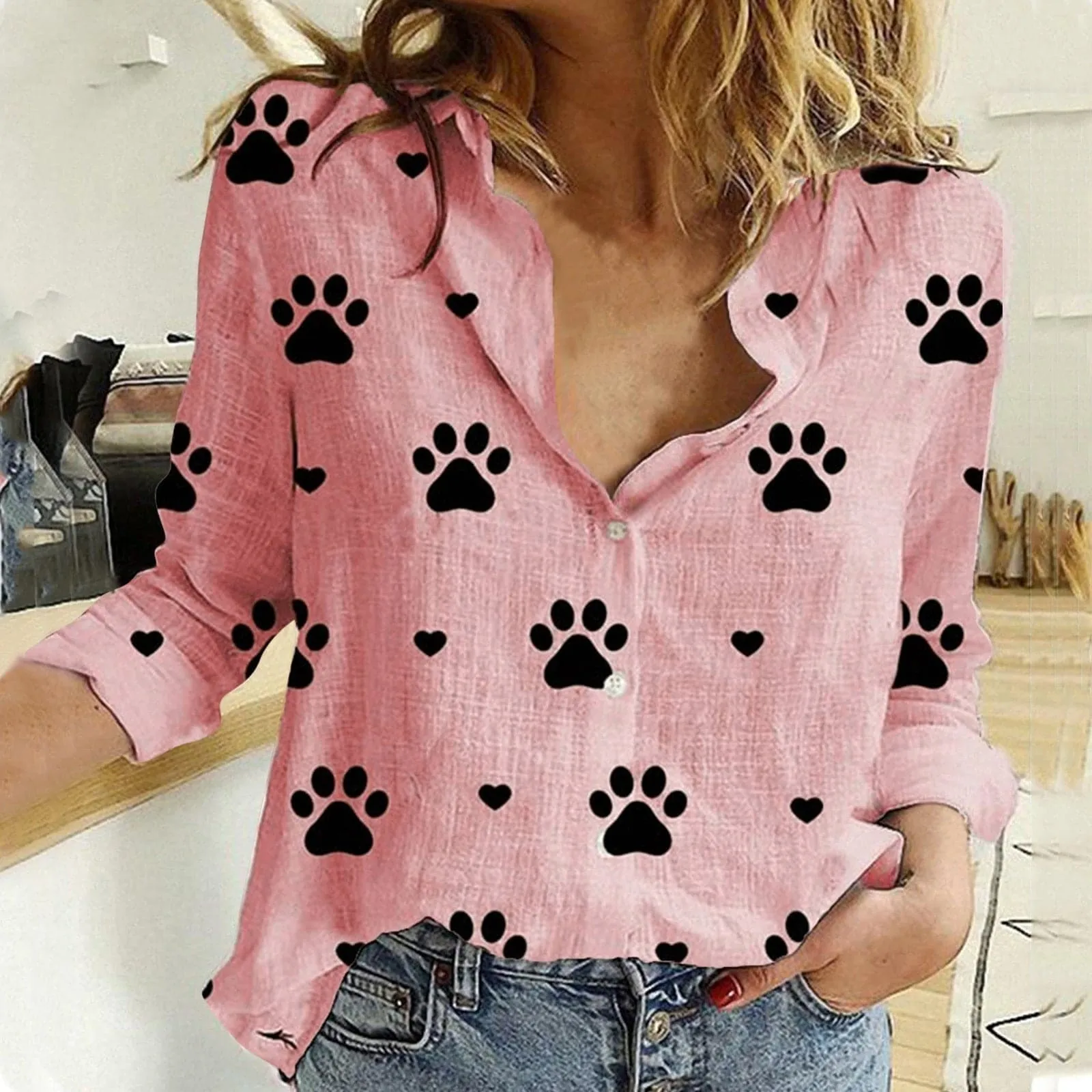 DressBetty - Summer Fashion Woman Blouses Spring Long-Sleeved Lapel Kawaii Dog Print Button Top Women's Shirt Loose Plus Size Ladies Clothes