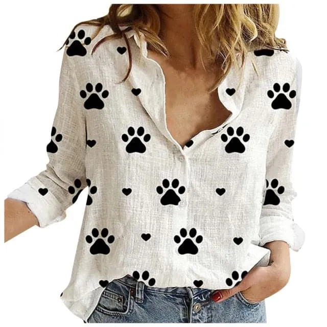 DressBetty - Summer Fashion Woman Blouses Spring Long-Sleeved Lapel Kawaii Dog Print Button Top Women's Shirt Loose Plus Size Ladies Clothes