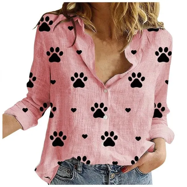 DressBetty - Summer Fashion Woman Blouses Spring Long-Sleeved Lapel Kawaii Dog Print Button Top Women's Shirt Loose Plus Size Ladies Clothes