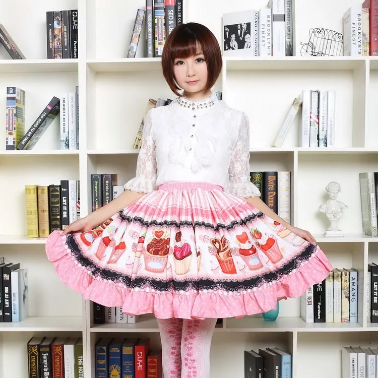 Fancy Mori Girl Short Skirt Sweet Pink Cup Cake Printed Lolita Pleated Skirt