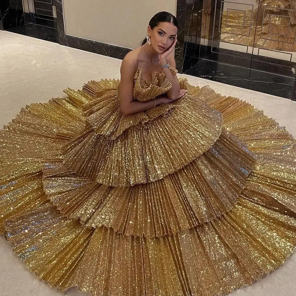 Gold A-Line Strapless Ruffles Evening Dresses Luxury Gowns For Women Party Couture فساتين سهره فاخره 2023