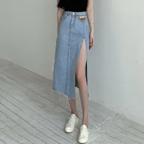 High Waist Side Slit Denim A-Line Skirt