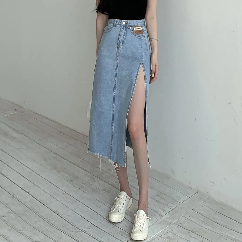 High Waist Side Slit Denim A-Line Skirt