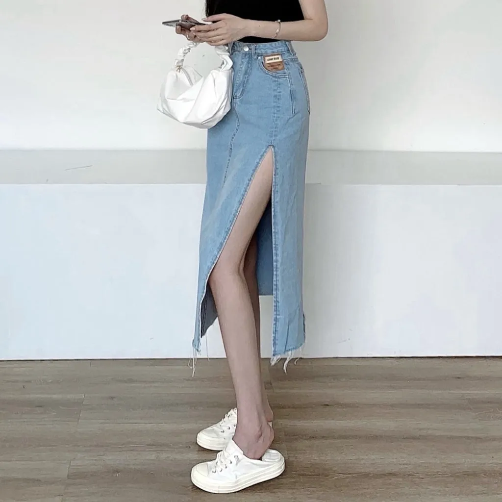 High Waist Side Slit Denim A-Line Skirt