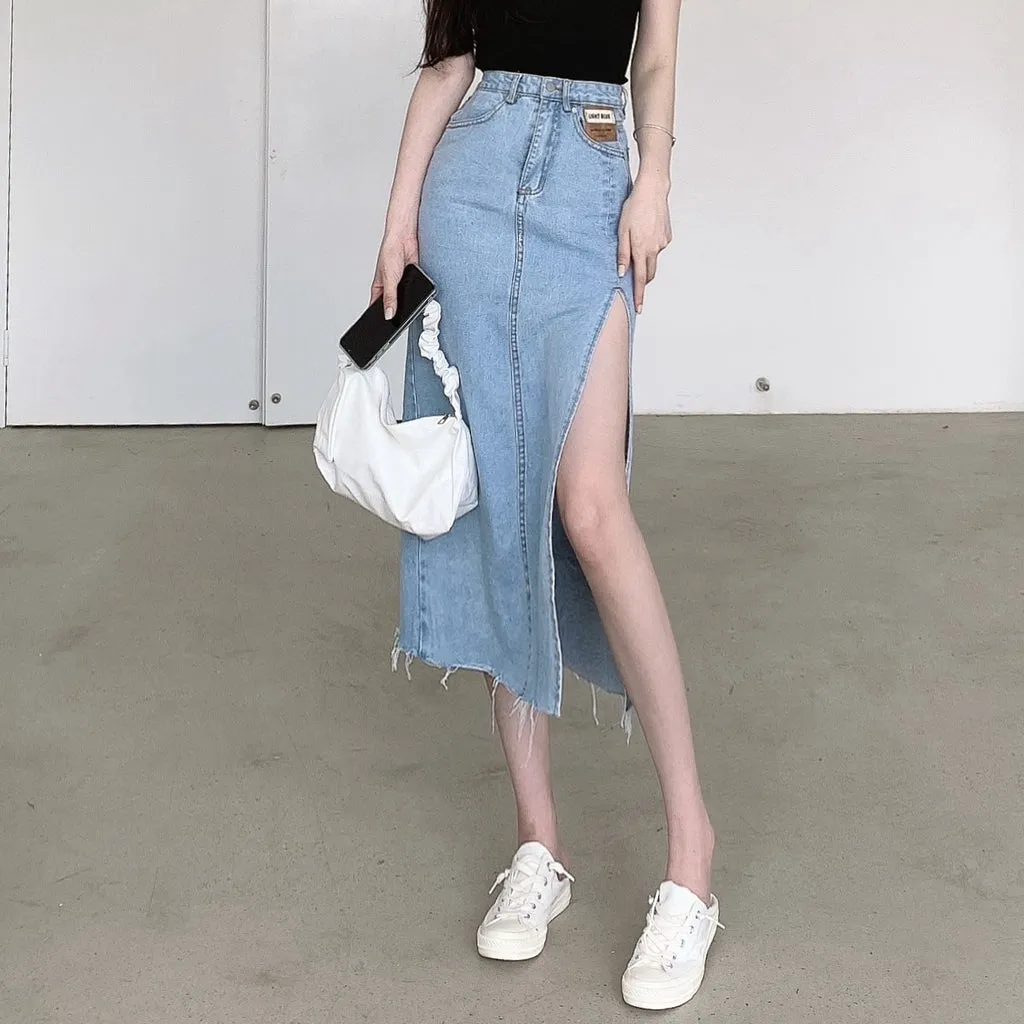 High Waist Side Slit Denim A-Line Skirt