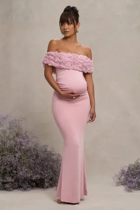 Inflorescence | Blush Pink Mesh Floral Bardot Maternity Maxi Dress