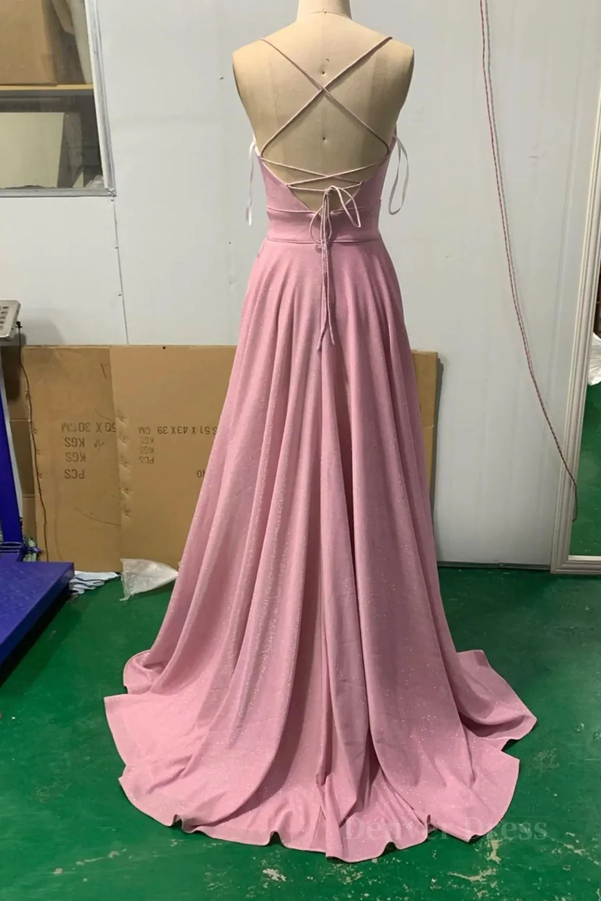 kamahe Shiny V Neck Pink Long Prom Dresses, Pink V Neck Long Formal Evening Dresses