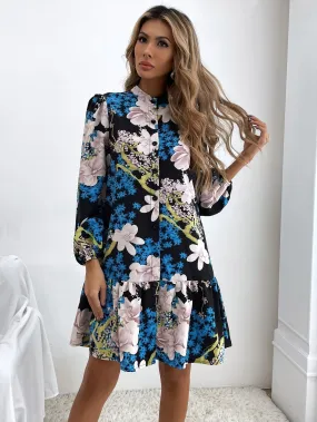 KittenAlarm - Floral Button Front Ruffle Hem Dress