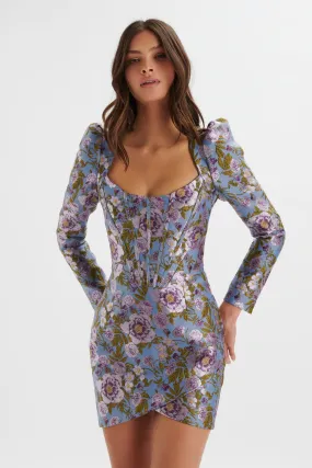 LENNON Jaquard Corset Wrap Mini Dress In Blue Purple