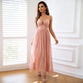 Modern Princess Sequin Mesh Party Dress | Pink Corset Dress | Plunging v neck Mesh Maxi Dress