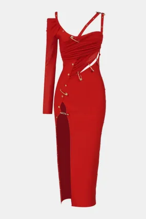 One Sleeve Pin Detail Slit Red Dress