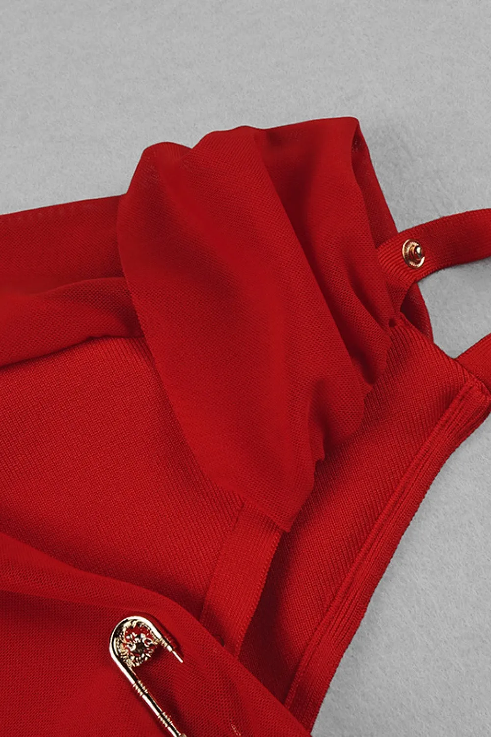 One Sleeve Pin Detail Slit Red Dress