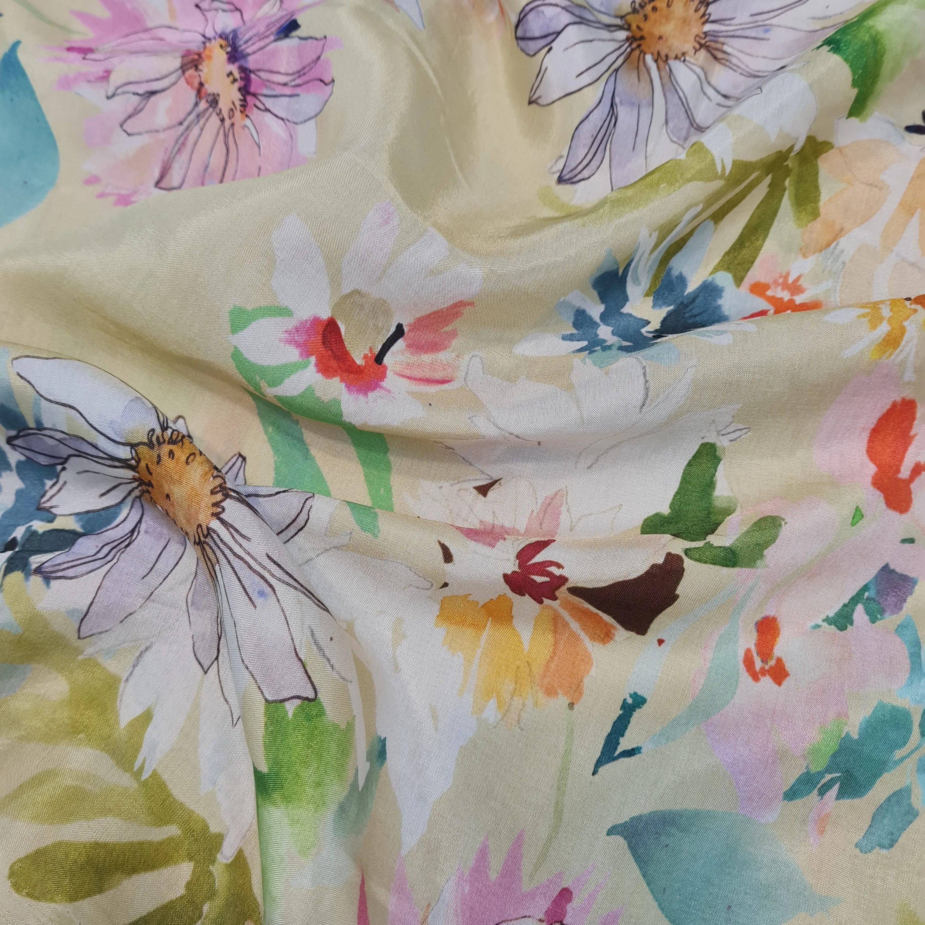 Premium Yellow Watercolor Floral Print Muslin Fabric