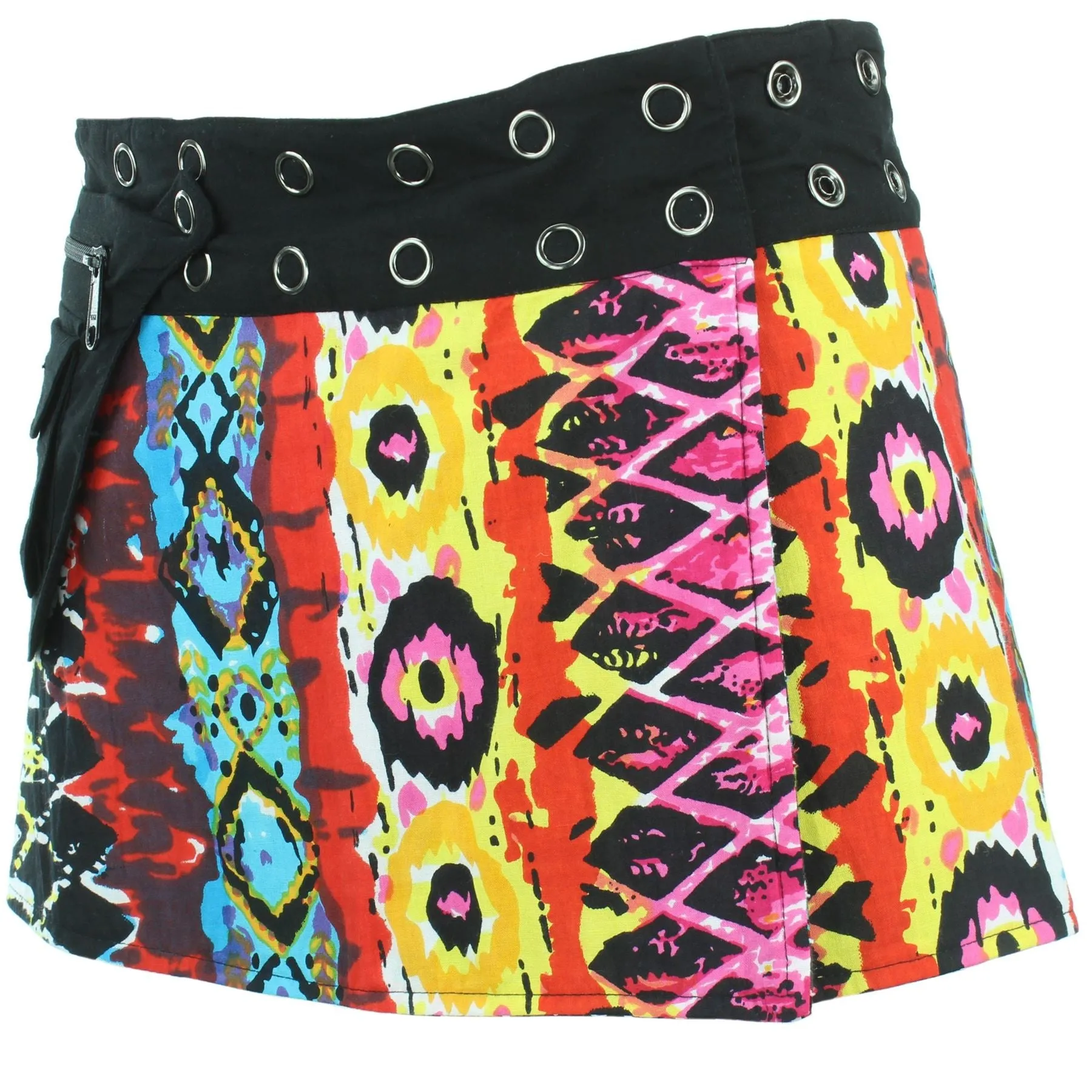 Reversible Popper Wrap Children's Size Mini Skirt - Multi Patch Strips / Psychedelic Snakeskin