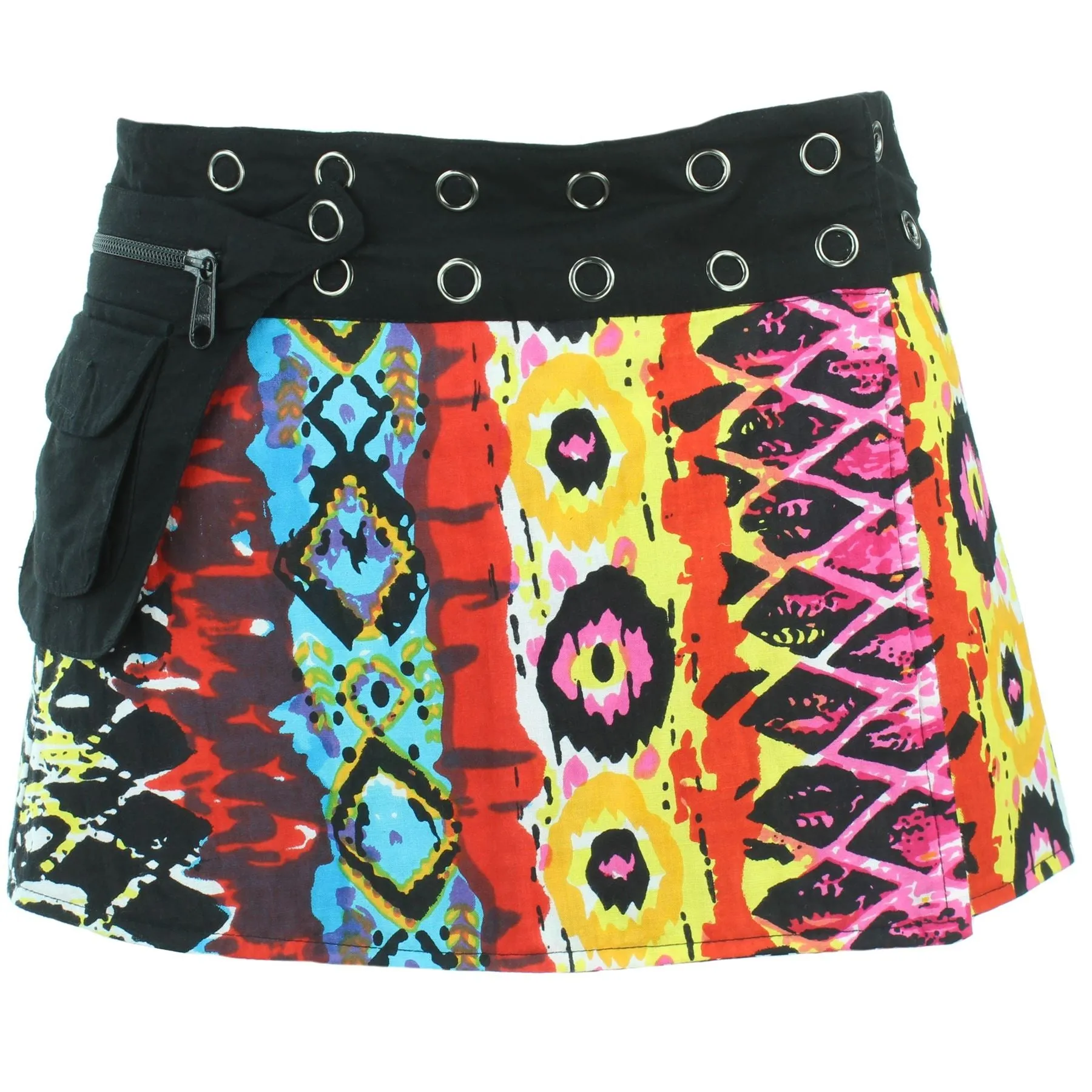 Reversible Popper Wrap Children's Size Mini Skirt - Multi Patch Strips / Psychedelic Snakeskin