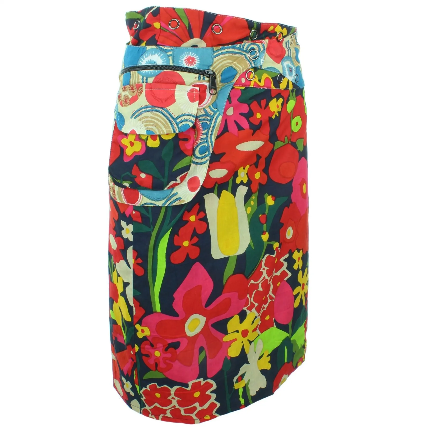 Reversible Popper Wrap Knee Length Skirt - Abstract Floral / Swirls & Spheres