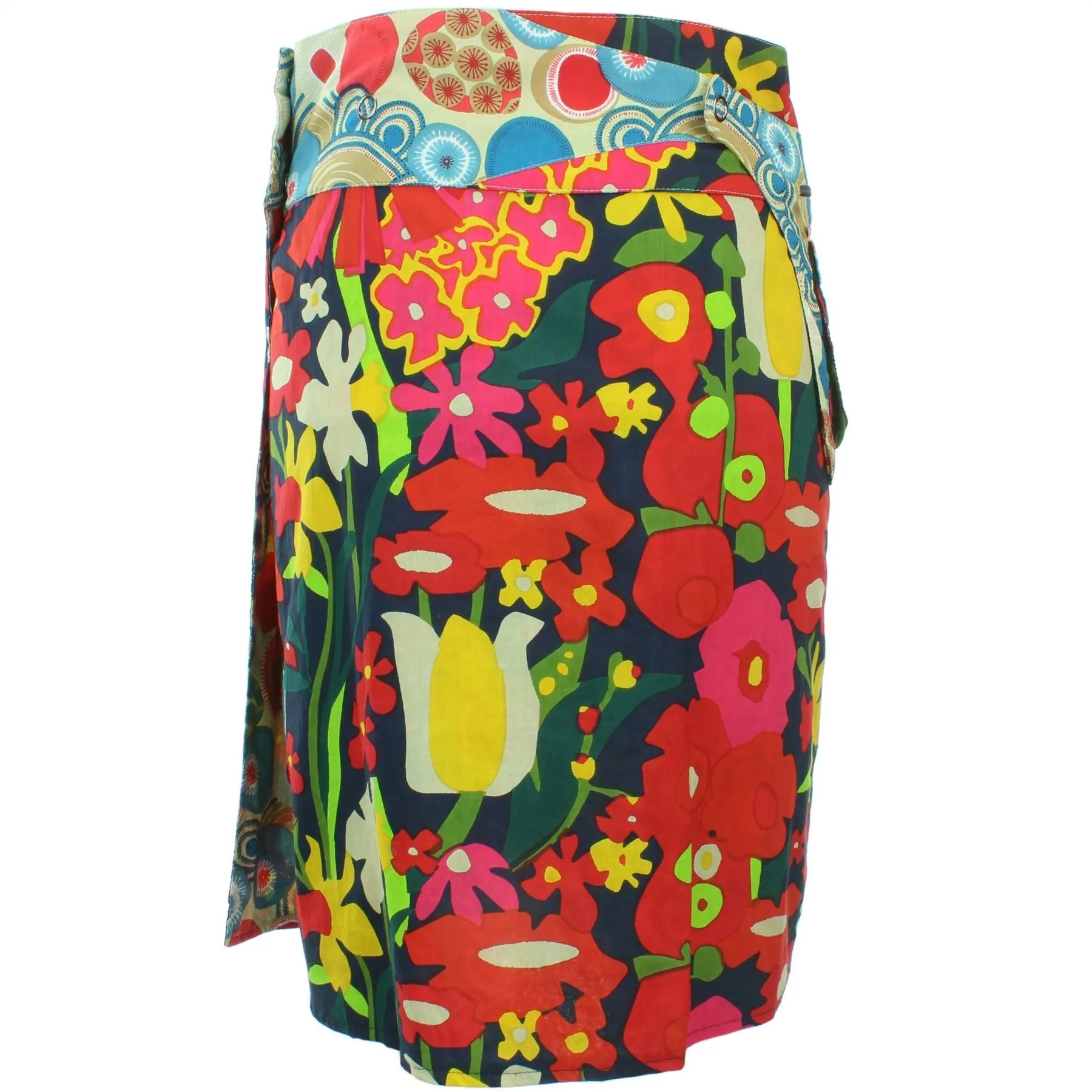 Reversible Popper Wrap Knee Length Skirt - Abstract Floral / Swirls & Spheres