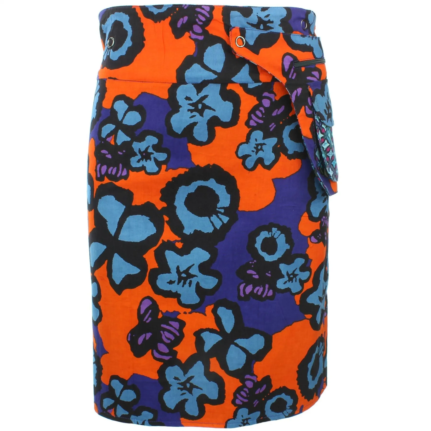 Reversible Popper Wrap Knee Length Skirt - Diamond Block / Ikat Floral