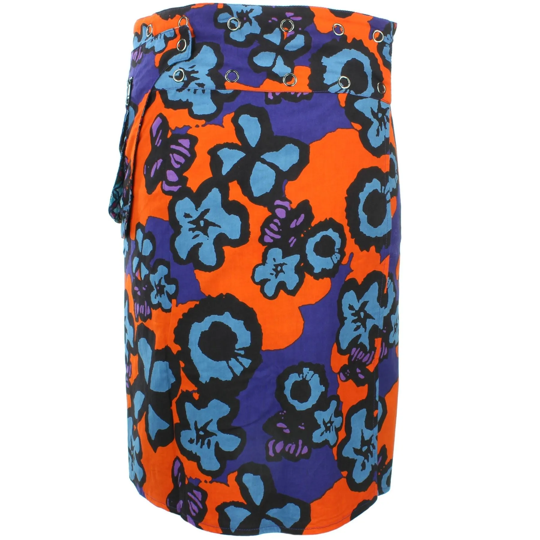 Reversible Popper Wrap Knee Length Skirt - Diamond Block / Ikat Floral